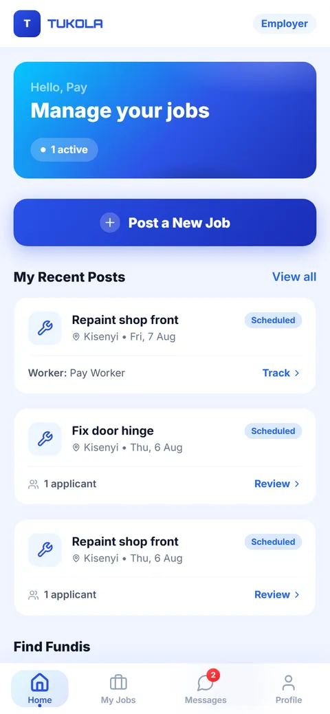 Tukola employer app — real screenshot
